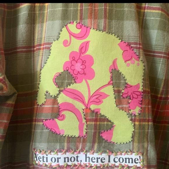Upcycled Plaid Shirt with Floral Patch and Bigfoot/Yeti - Picture 9 of 11